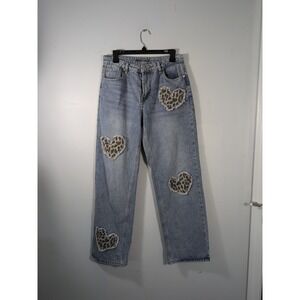 Cali 1850 Blue Denim Y2K Star Patchwork Animal Print Heart Wide Leg Jeans Size 7